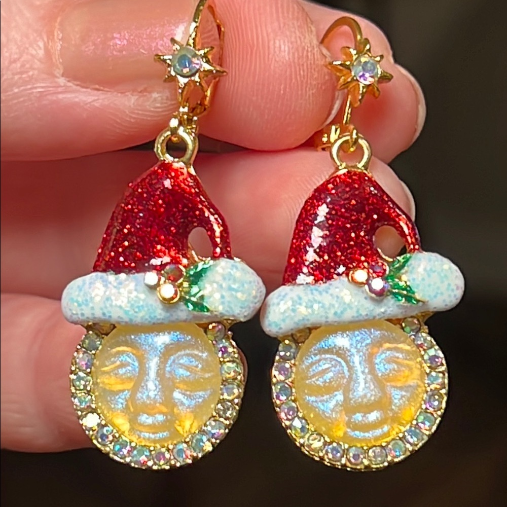 Vintage Whimsical Christmas Iridescent Moon Face Enamel Dangle Earrings